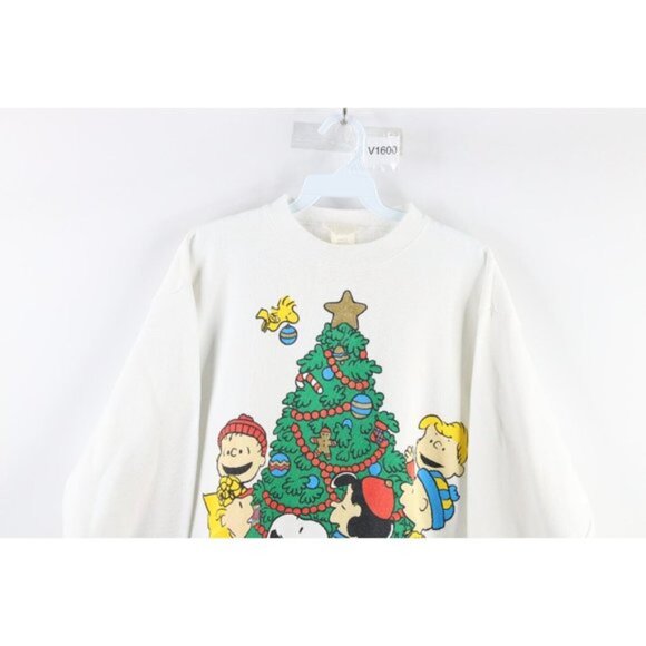 Vintage 90s Peanuts Womens Large Snoopy Brown Christmas Sweatshirt White USA - Picture 2 of 9